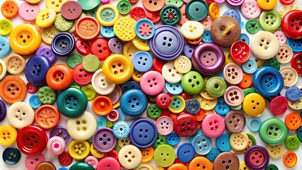 Colorful array of sewn buttons in various shapes, sizes, and materials scattered on a white background, showcasing creative possibilities for craft and design projects.