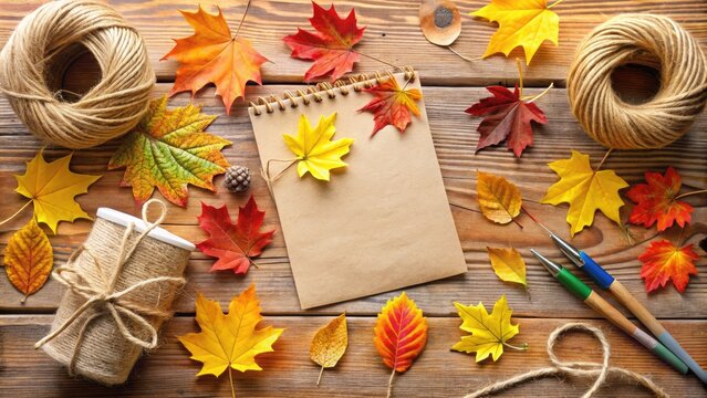 Colorful autumn-themed checklist with paper leaves and twine, surrounded by craft supplies and inspiration boards, offering creative guidance for planning a memorable Thanksgiving celebration.