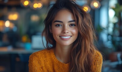Obraz premium Inclusive image of happy blasian woman working on computer in creative agency office workplace. Young successful mixed race female businesswoman talking on client video call team meeting