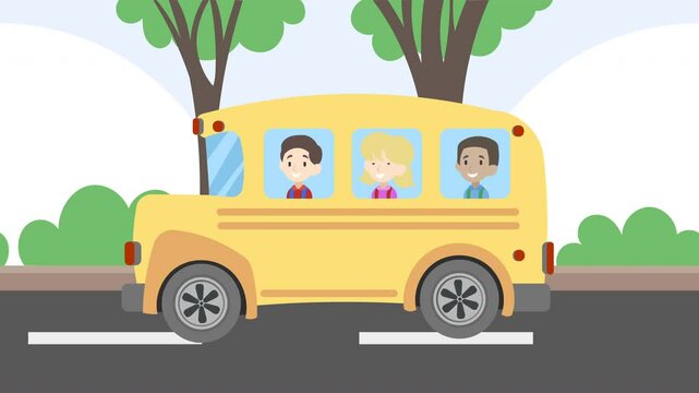 Cartoon-style loop animation of a yellow school bus on its way to school, with happy children inside. School life and  routines, education, students concepts. Green screen, Chroma key included.