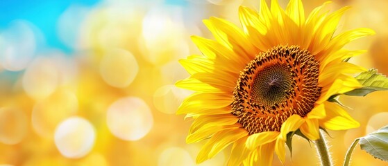 Fototapeta premium A Single Sunflower Facing the Sun with Blurred Background