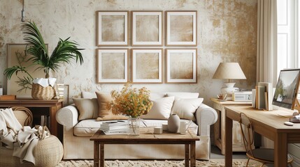 Fototapeta premium Modern Elegance: Stylish Living Room with Mock-Up Frames and Natural Decor