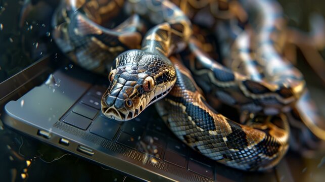 Python snake on laptop keyboard symbolizing Python programming language and coding concept