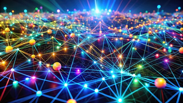 Complex network of colorful interconnected nodes and lines representing a dynamic database with arrays of organized data flowing through a futuristic digital landscape.