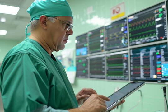 Doctor using tablet in operating room