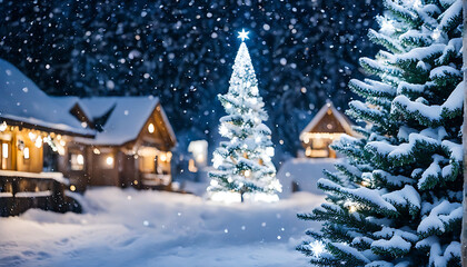 Obraz premium Outdoor Christmas Tree with Snow and Lights