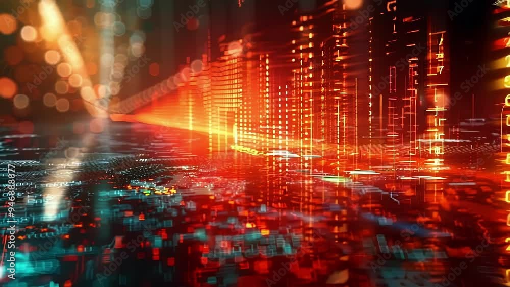 Aufkleber abstract binary code data forming a cityscape skyline on a dark wet street at night, symbolizing fin