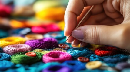 A close-up of hands threading a needle with a variety of colorful threads and buttons in the background