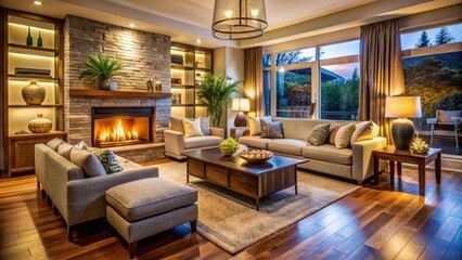 Cozy living room with comfortable furniture, decorative vases, and warm lighting, evoking feelings of warmth, comfort, and happiness in a well-managed property.