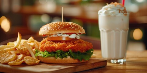 Crispy Chicken Schnitzel Burger with a Side of Chips and a Milkshake