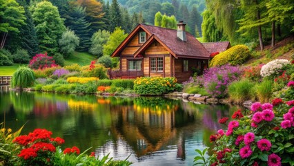 Cozy secluded cottage surrounded by lush greenery and vibrant flowers, with a serene lake in the background, evoking feelings of tranquility and peaceful retreat.