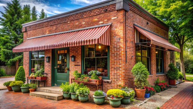Cozy, one-story, red-brick building with a bright awning and large windows, nestled among lush greenery, evoking a sense of rustic, small-town entrepreneurship.