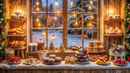 Cozy winter scene of a festively decorated bakery window, showcasing an assortment of sweet treats and holiday goodies, surrounded by twinkling lights and snowflakes.