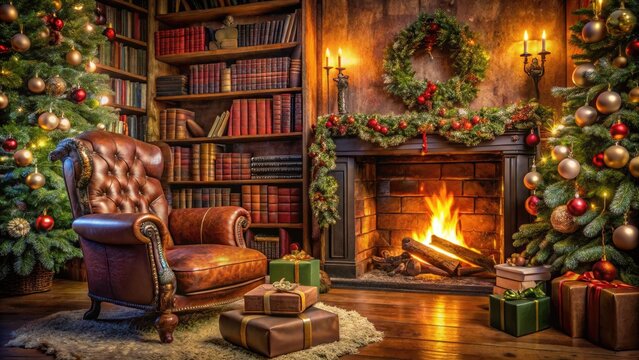 Cozy winter wonderland scene featuring festive holiday decorations, a crackling fireplace, and a vintage bookshelf filled with worn leather-bound volumes of classic Christmas tales.