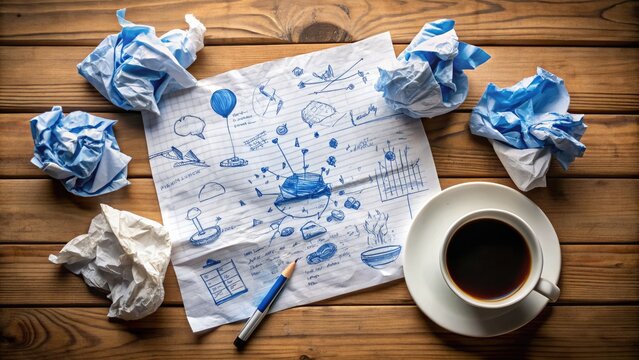 Crumpled napkin with scribbled notes and doodles in blue ink, surrounded by empty coffee cups and scattered papers on a cluttered wooden table surface.