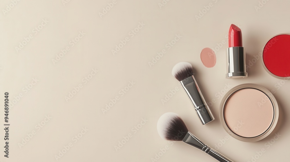 Poster a stylish display of essential cosmetics featuring lipstick, brushes, and powder arranged neatly on 