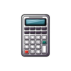 A realistic vector illustration of a silver calculator with black buttons and a blue display screen.