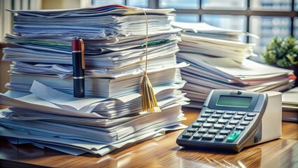 Deadline looming, a stack of papers and a calculator sit on a cluttered desk, surrounded by reminders of tax returns and upcoming payment obligations.
