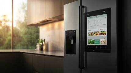 A smart fridge displaying grocery lists and recipes on a touchscreen