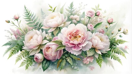 Delicate, dreamy watercolor illustration of a lush floral arrangement, featuring soft pink peonies, gentle ferns, and wispy wildflowers, set against a misty white background.