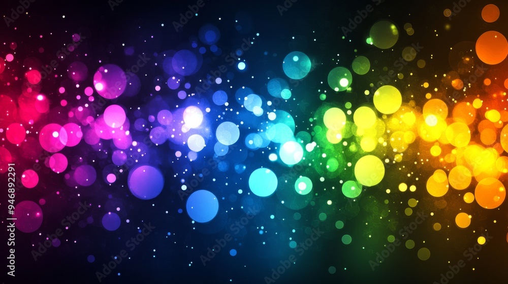 Poster abstract background with colorful bokeh lights in rainbow colors on a dark background.