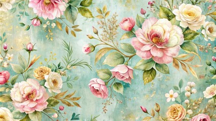 Delicate flowers and lush foliage intertwine in a whimsical, distressed print featuring soft pastels and golden accents, evoking a nostalgic, antique charm.