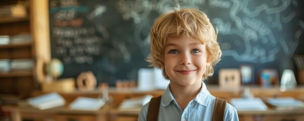 Smiling young schoolboy with curly hair in a classroom, standing in front of a chalkboard. Free copy space for text.