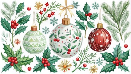 Delicate, hand-illustrated Christmas ornament designs with festive holly, snowflakes, and berries, perfectly suited for DIY printable crafts, greeting cards, and holiday decorations.