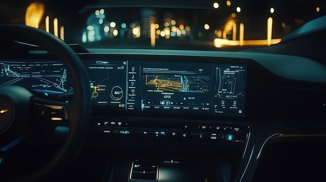 A connected car dashboard showing real-time data and navigation - Powered by Adobe