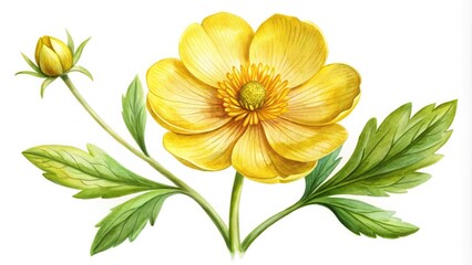 Fototapeta premium Delicate, hand-painted watercolor illustration of a bright yellow buttercup flower with intricate details and soft, blended petals, set against a crisp white background.