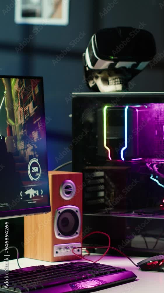 Aufkleber vertical video computer screen showing fps videogame left open at night in empty apartment with rgb 