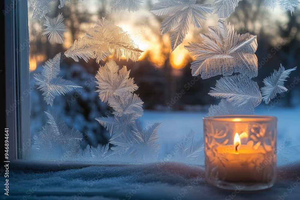 Poster frosted window with intricate ice patterns and a warm glowing candle during sunset in winter