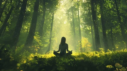 Tissu par mètre  Woman meditating in a forest with sunlight shining through the trees  © TatChong