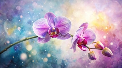 Delicate purple orchid blooms sway gently in soft focus amidst whimsical watercolor brushstrokes and subtle texture, evoking a serene and dreamy atmosphere.