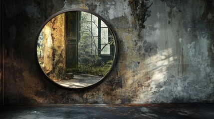 Distressed Wall with Round Mirror Reflecting Greenery