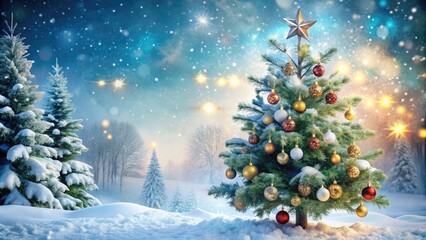 Delicate snowflakes gently fall onto a festively decorated Christmas tree, adorned with twinkling lights and ornaments, amidst a serene winter wonderland background.