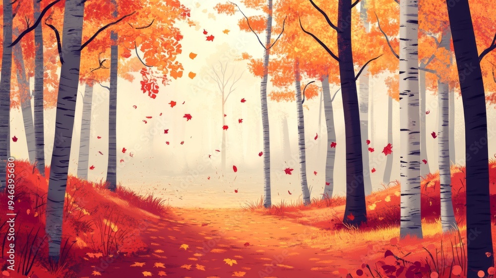 Poster a path through a misty autumn forest with falling leaves.