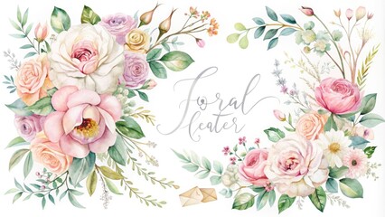 Delicate watercolor florals intertwine with whimsical, handwritten letters in soft pastel hues, creating a romantic and elegant visual language for stationery and design.