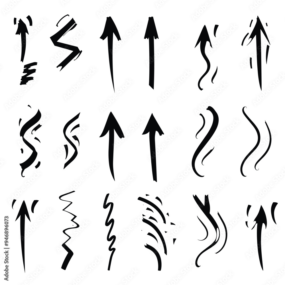 Poster set of various black arrow designs with different styles on a white background.