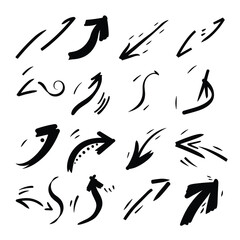 A collection of hand-drawn black arrows in various directions on a white background.