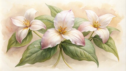 Obraz premium Delicate watercolor illustration of a trio of trillium flowers in soft, dreamy hues, set against a creamy white background with subtle texture and gentle curves.