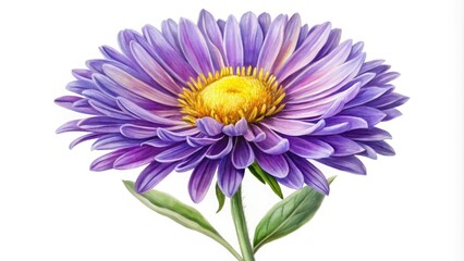Delicate watercolor illustration of a vibrant purple aster flower with soft, blended petals and a bright yellow center, set against a creamy white background.