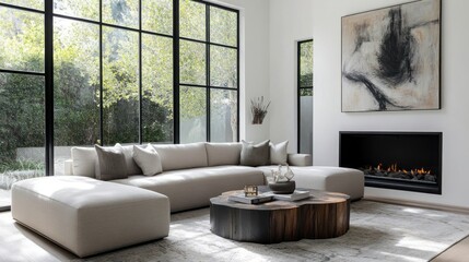 Modern Living Room with Fireplace and Large Windows