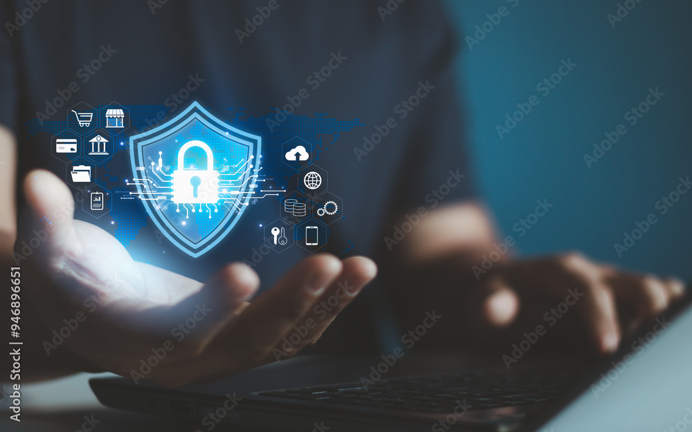 Fototapete cyber security concept. global network security technology protects business people personal informa