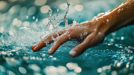 Fototapeta premium A close-up of a hand entering the water, creating splashes with each stroke