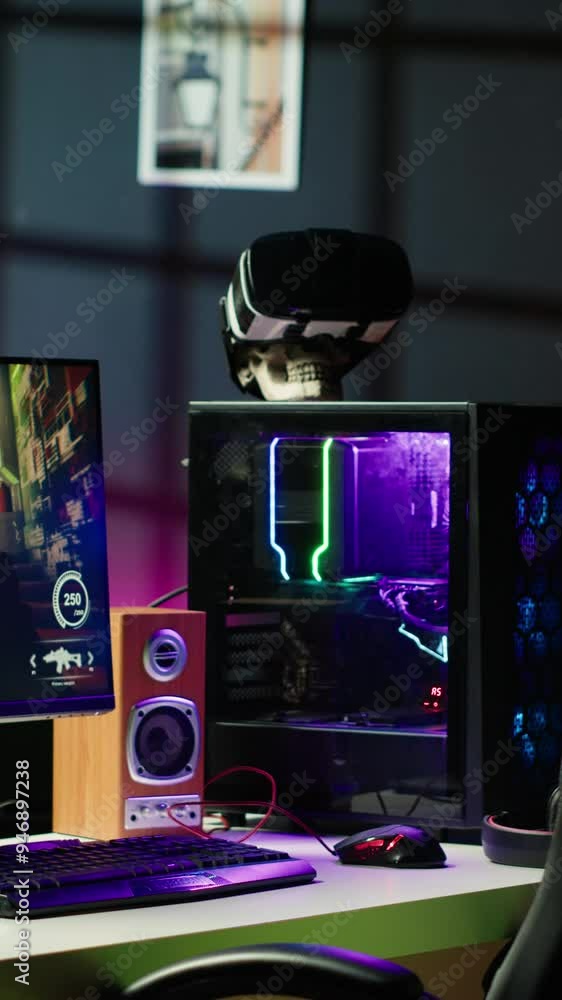 Poster vertical video rgb lights illuminated components on open gaming pc tower next to computer peripheral