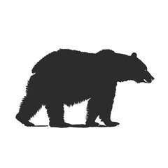 Silhouette of a large bear walking, displayed in striking black on a white background.