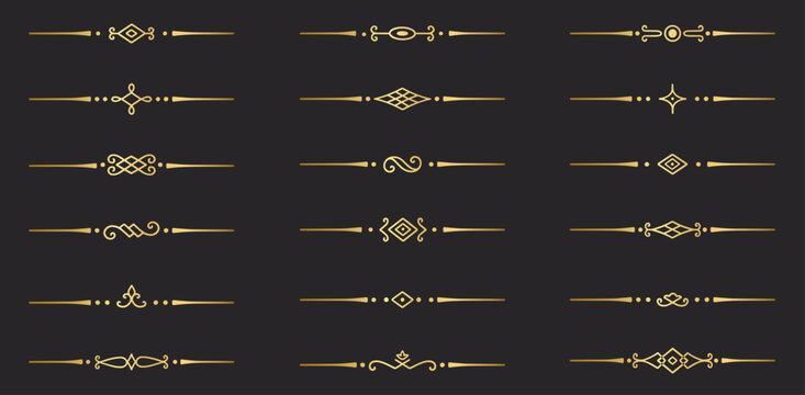 Gold text dividers doodle set. Wedding decorative elements. Divider ornament, borders, vintage line separators. Hand drawn vector illustration isolated on white background