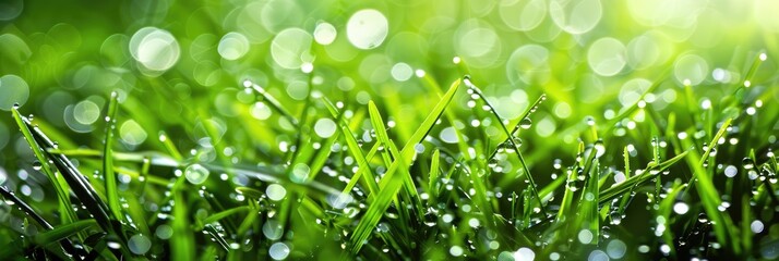 Water droplets on vibrant green grass with shallow depth of field