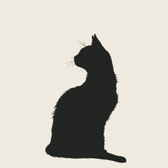 Silhouette of a cat sitting in profile with a light beige background.
